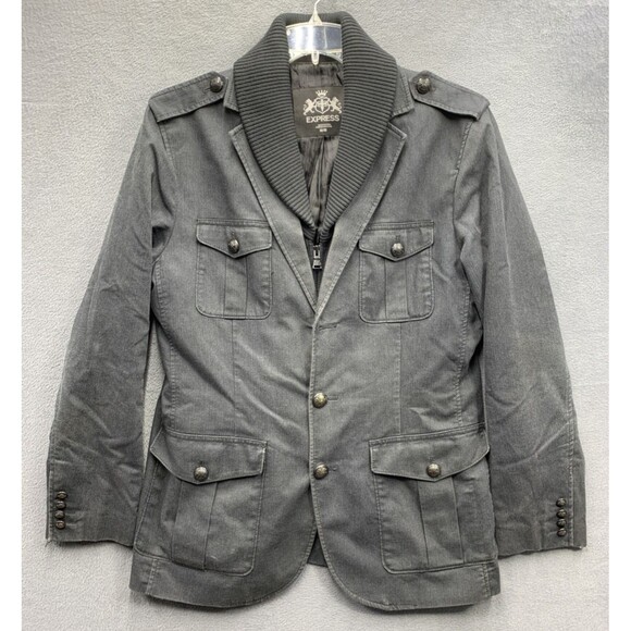 EXPRESS Mens Military Chore Jacket Ribbed Collar Button Accents Dark Gray Medium - Picture 1 of 16